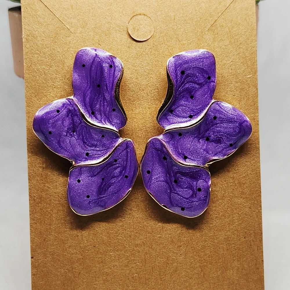 Purple Enamel Abstract Petal‎ Statement Stud Earrings Gold Tone Butterfly Wings